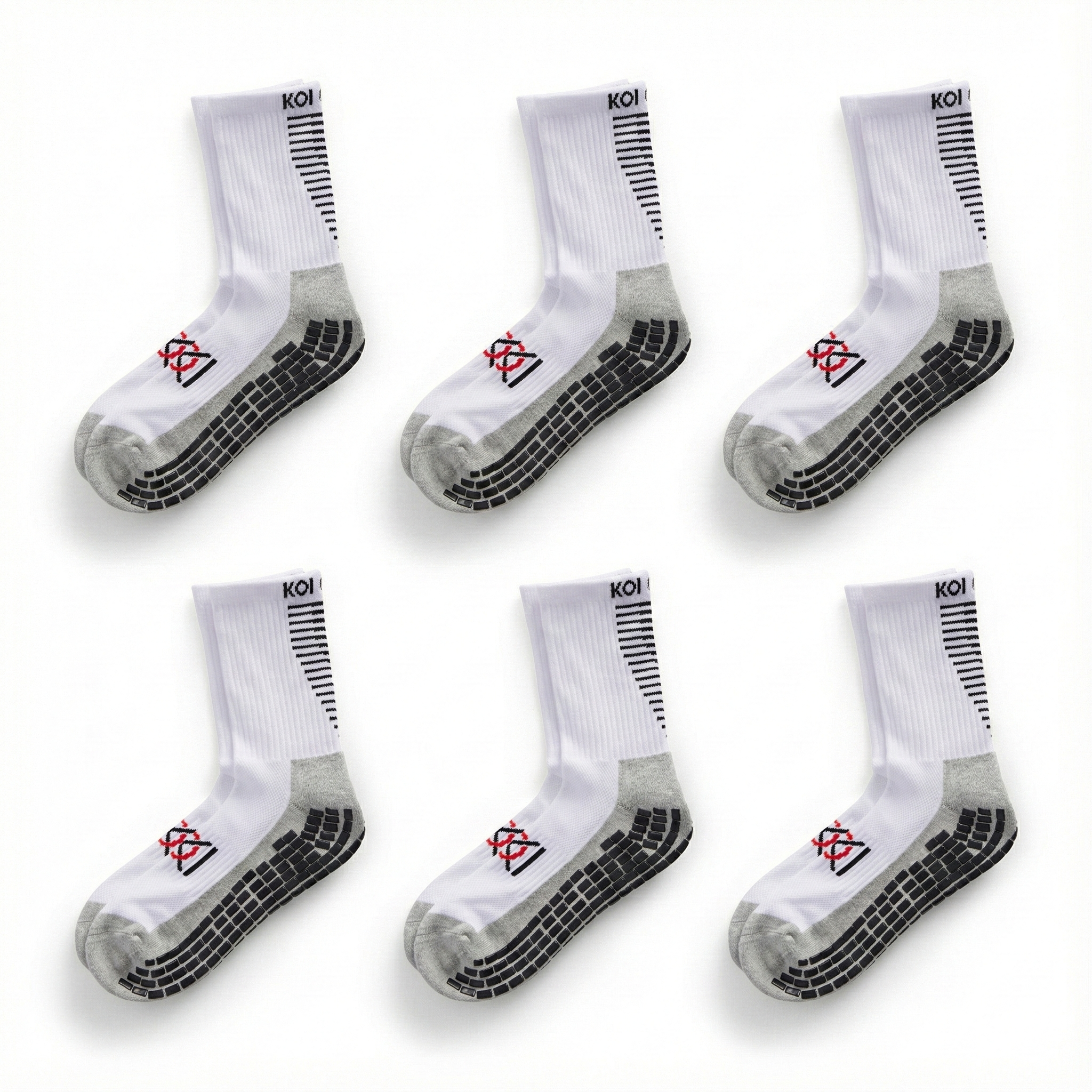 Six pairs of white socks with black and red designs on a white background