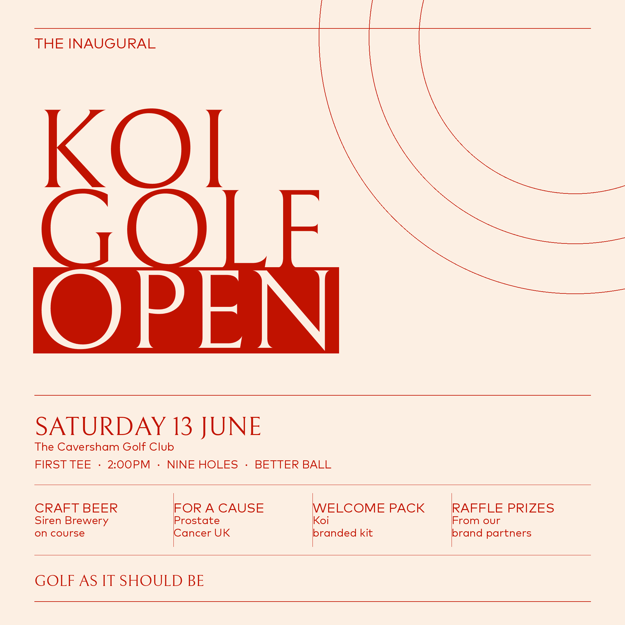 Promotional flyer for the inaugural Koi Golf Open event on a beige background.